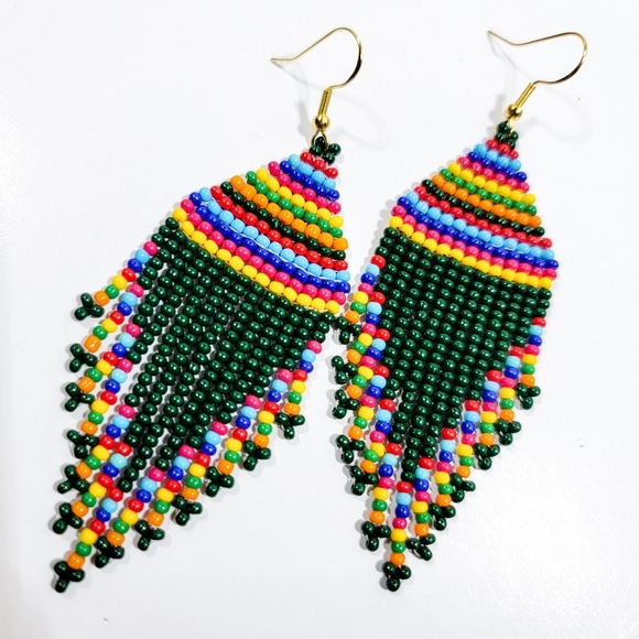 Hand Crafted Jewelry - Handmade Forest Green Tribal Seed Bead Fringe Earrings